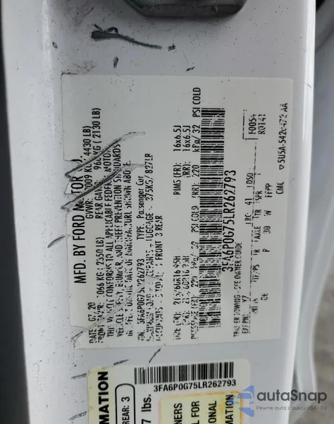 2020 Ford Fusion S из США, поврежденный, VIN 3FA6P0G75LR262793